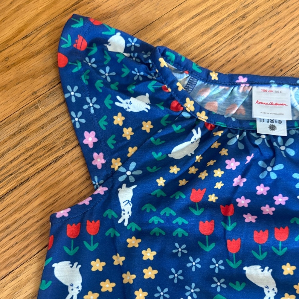 *Hanna Andersson Navy Dress with White Bunnies & Multicolor Flowers - Picture 5 of 7